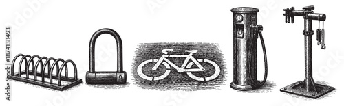 A monochromatic, vintage illustration showcases a collection of cycling accessories including a bike rack, lock, sign, pump, and repair stand against a clean white background.