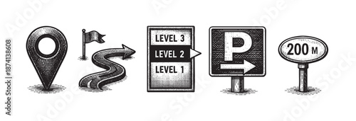 A set of vintage-style black and white icons representing navigation, including a map marker, wavy arrow, level signs, parking symbol, and distance marker, ideal for design projects.