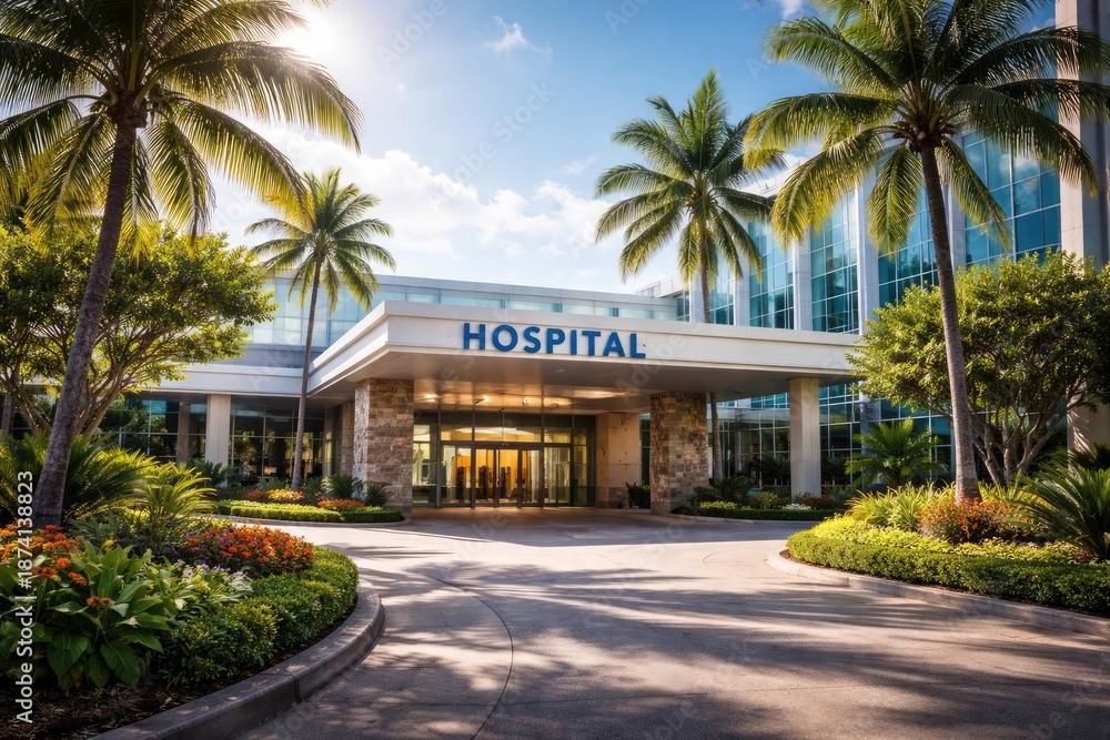 Fototapeta premium Hospital entryway with tropical palm trees under a sunny blue sky