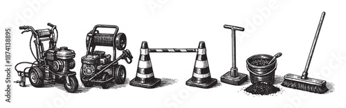 A black and white line art illustration displays a collection of road construction and maintenance tools, including a spray painter, a generator, traffic cones, a shovel, a bucket of gravel, and a bro