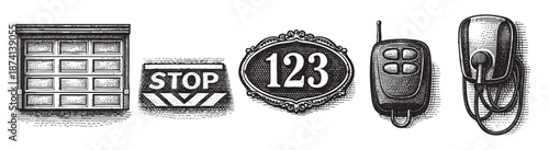 A collection of vintage-style graphic elements including a garage door, stop sign, decorative house number plaque, and a remote control, rendered in a black and white etched illustration style.