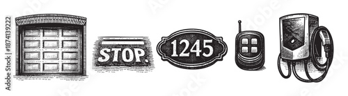 A black and white illustration featuring vintage garage door elements like a sectional door, a stop sign, a house number plaque, and a remote control, rendered in a classic engraved style.
