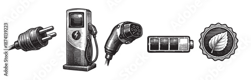 A set of hand-drawn, vintage-style icons depicting electric vehicle charging elements including a plug, charging station, connector, battery, and leaf emblem.