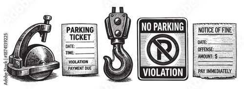 A detailed black and white illustration depicts a towing clamp, a parking ticket, a tow truck hook, a no parking sign, and a notice of fine, symbolizing parking violations and consequences.
