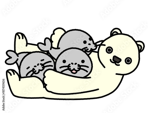 アザラシを抱きかかえるシロクマのほのぼのとしたイラスト