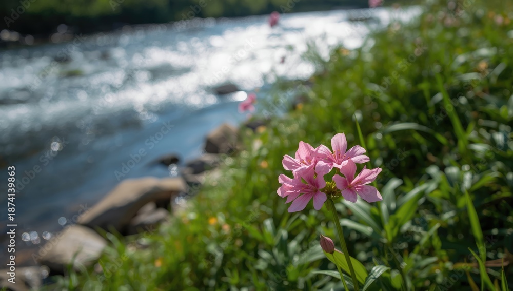 Obraz premium Wildflowers growing along a riverbed offering a colorful scene for nature photography, World Nature Conservation Day