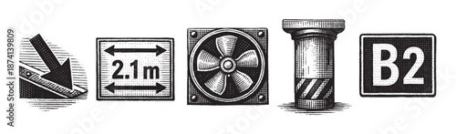 A set of five black and white engraved icons including an arrow, a measurement sign, a fan, a cylindrical object, and a lettered sign, suitable for design projects.