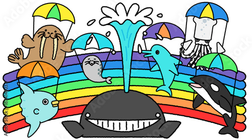 水族館の海の生き物たちが集まるにぎやかな夏のイラスト