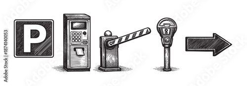 A collection of black and white line art icons representing parking elements including a sign, ticket machine, barrier, meter, and arrow on a white background.