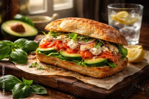 Wallpaper Mural Sandwich with fresh crab meat salmon and avocado served with basil and water Torontodigital.ca