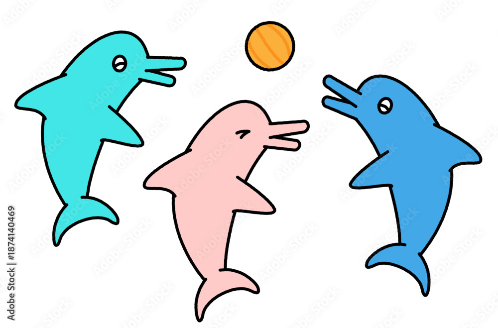 Obraz premium 水族館でボール遊びをするイルカたちのかわいいイラスト