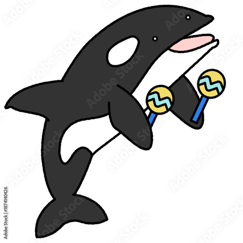マラカスを持ってジャンプするシャチのコミカルなイラスト