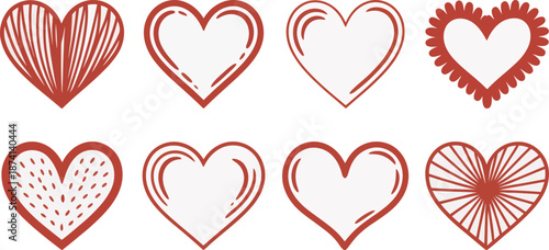 Collection of eight diverse, hand-drawn red heart shapes offers various textures and borders for romantic greeting card elements.
