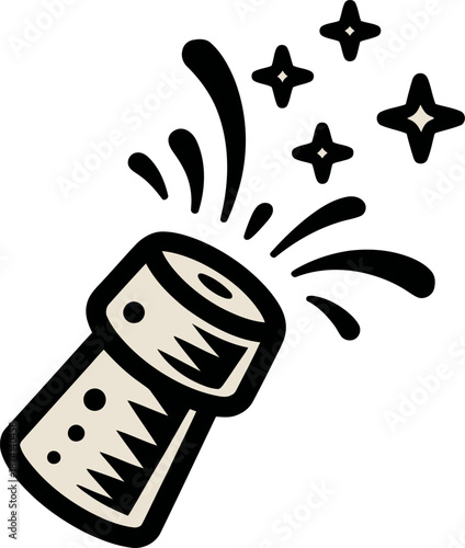 Stylized cork stopper ejects with sparkling celebration stars against a clean white background, perfect for festive design use.