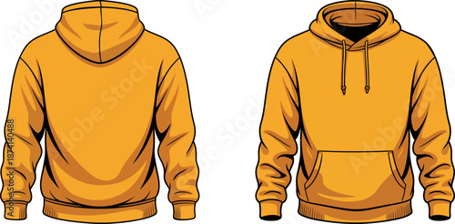 Front and back views of a plain orange hooded sweatshirt with a pocket mockup displayed against a white background for apparel design mockup.