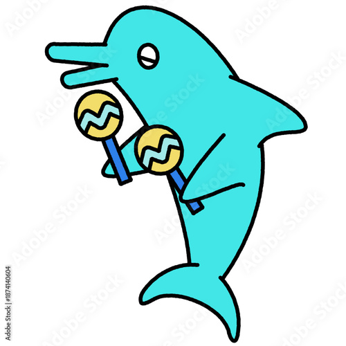 マラカスを持って演奏するイルカのかわいいイラスト