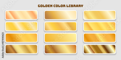 A diverse collection of shimmering golden and metallic color gradients, showcasing a rich palette of yellow and brown tones for graphic design and creative illustrations