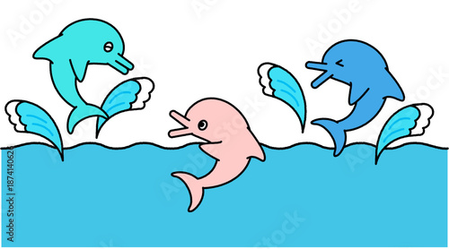 水族館で水しぶきを上げて遊ぶイルカたちのかわいいイラスト