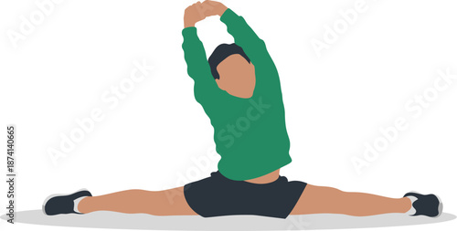Athlete figure performs a deep side split stretch with arms raised overhead, demonstrating advanced flexibility for fitness and warmup routines.