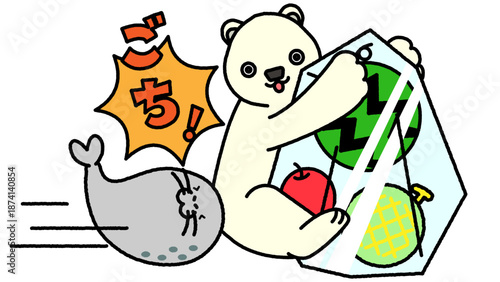 フルーツ入りの氷を抱えたシロクマにぶつかるアザラシのコミカルなイラスト