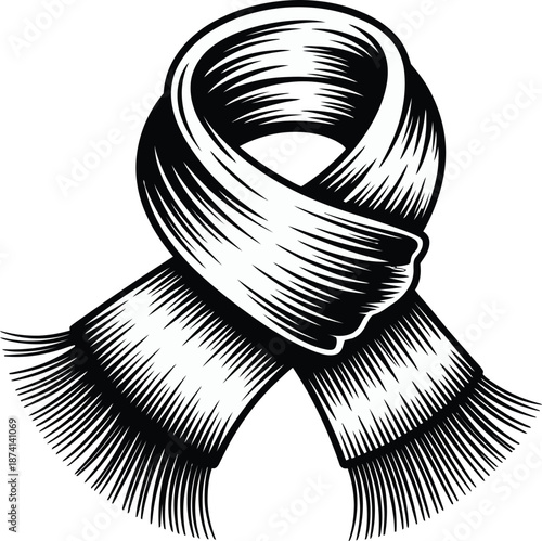 Detailed black and white engraving style illustration of a thick knitted winter scarf tied in a casual knot showing fringe ends.