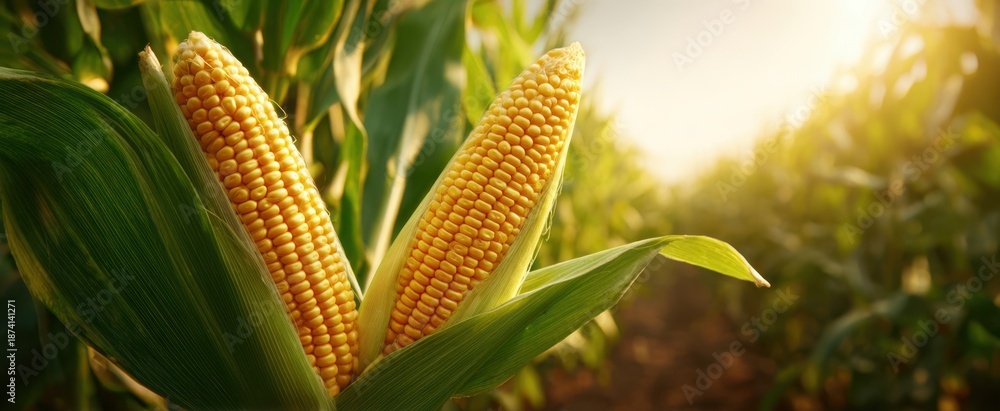 Fototapeta premium The corn ears glowing in golden sunlight across a lush summer agricultural field