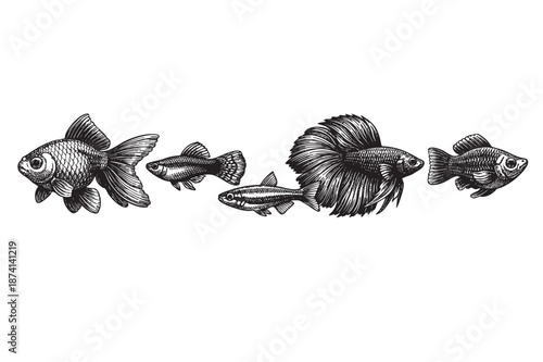 This black and white illustration features a collection of five different fish species in a vintage, etched style, set against a clean white background.