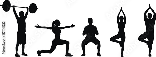 Silhouette set of men and women doing fitness, yoga and strength training exercises, workout and wellness activity poses isolated on white background, healthy and active lifestyle conceptWeb