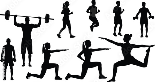 Silhouette set of men performing fitness workouts, strength training and gym exercises in dynamic poses, isolated on white background, health, power and active lifestyle conceptWeb