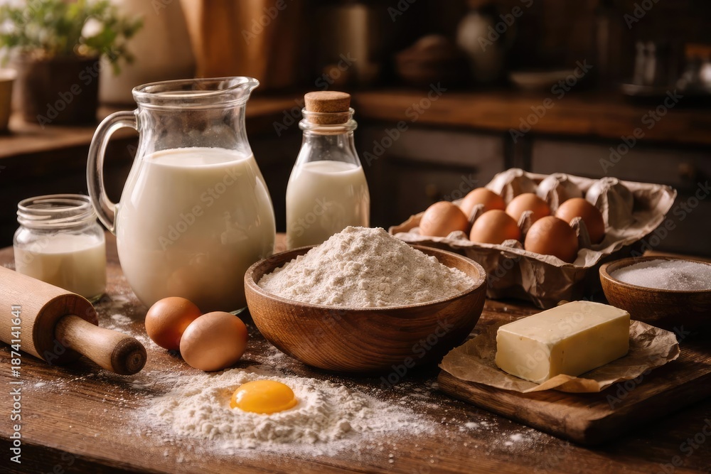 Fototapeta premium Milk and flour products set on a wooden countertop for cooking