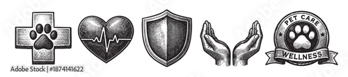 A collection of vintage black and white graphic icons representing pet care, including a paw print cross, a heartbeat line on a heart, a shield, cupped hands, and a pet care wellness seal.