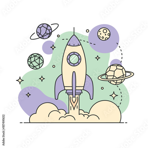 Rocket Launching into Space with Planets and Stars.