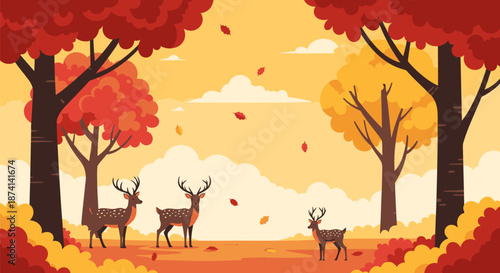 Deer in Autumn Forest Landscape Scene.