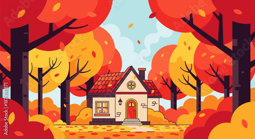 Cozy House in Autumnal Forest Scene.