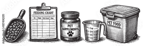 Illustration shows items for pet feeding including a scoop of food, a feeding chart, a jar of supplements, a measuring cup, and a pet food storage container.