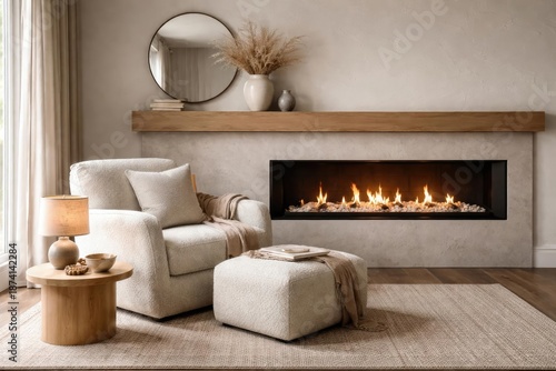 Tranquil sitting area with an inviting armchair and contemporary fireplace