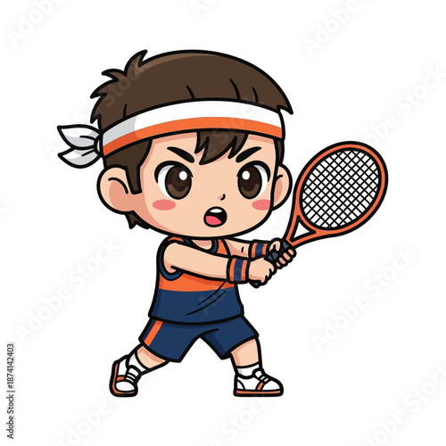 Chibi style illustration of a determined young boy playing tennis with a racquet and ball