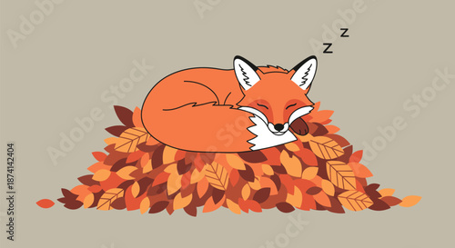 Sleeping Fox Curled Up on a Pile of Autumn Leaves.