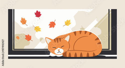 Ginger Cat Napping by Window with Falling Autumn Leaves.