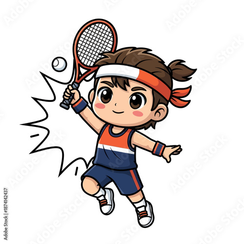 Dynamic and adorable chibi cartoon boy joyfully playing tennis, showcasing energetic athleticism and the spirit of competition, ideal for youth sports graphics and active themes