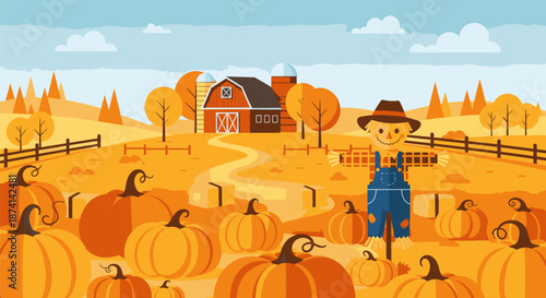 Autumn Pumpkin Patch with Scarecrow and Farmhouse.