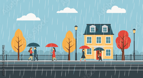 Rainy Day Stroll People with Umbrellas in Autumn Cityscape.