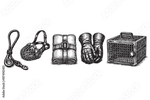 A detailed line art illustration showcases essential dog training and pet supplies including a leash, muzzle, rolled blanket, protective gloves, and a carrier cage against a white background.