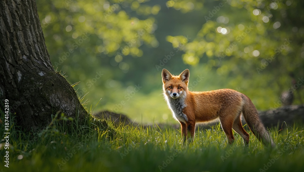 Fototapeta premium Red fox standing near a fallen log in a forest setting, highlighting wildlife observation and natural scenery