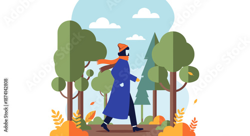 Woman Walking in Autumn Forest Illustration.