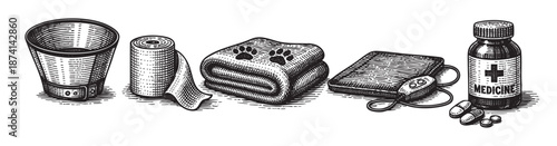 A black and white woodcut style illustration depicts essential pet care items including a medical cup, bandage roll, folded towel with paw prints, a heating pad, and a medicine bottle with pills.