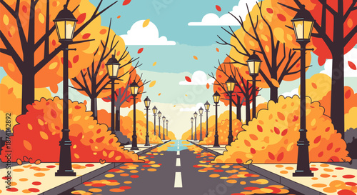 Autumn Road with Streetlights and Colorful Trees.