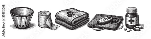 A black and white woodcut style illustration depicts essential pet care items including a medical cup, bandage roll, folded towel with paw prints, a heating pad, and a medicine bottle with pills.