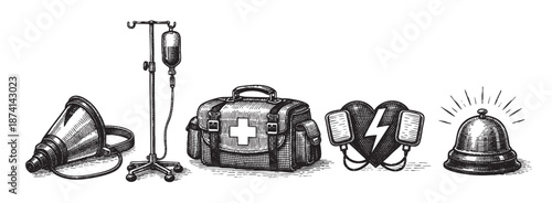 A vintage scratchboard illustration displays a collection of veterinary medical items including a muzzle, IV stand, first aid bag with paw print, heart with lightning bolt, and a bell.