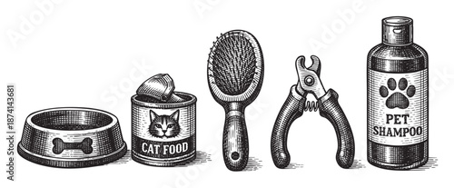 A vintage-style illustration depicts essential cat care items including a food bowl, can of cat food, grooming brush, nail clippers, and pet shampoo against a white background.